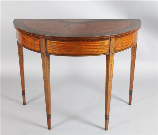 A Sheraton revival marquetry inlaid satinwood and rosewood demi lune console table, W.3ft 6in. D.1ft 9in. H.2ft 8in.